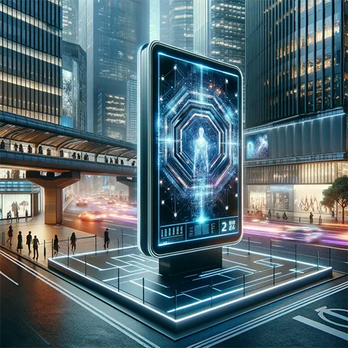A futuristic billboard in an urban setting, showcasing cutting-edge technology. The billboard is a large, holographic display projecting a 3D advertising