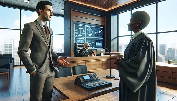 A modern courtroom scene with a lawyer, dressed in a contemporary, stylish suit, speaking to a judge. The judge, wearing a traditional robe