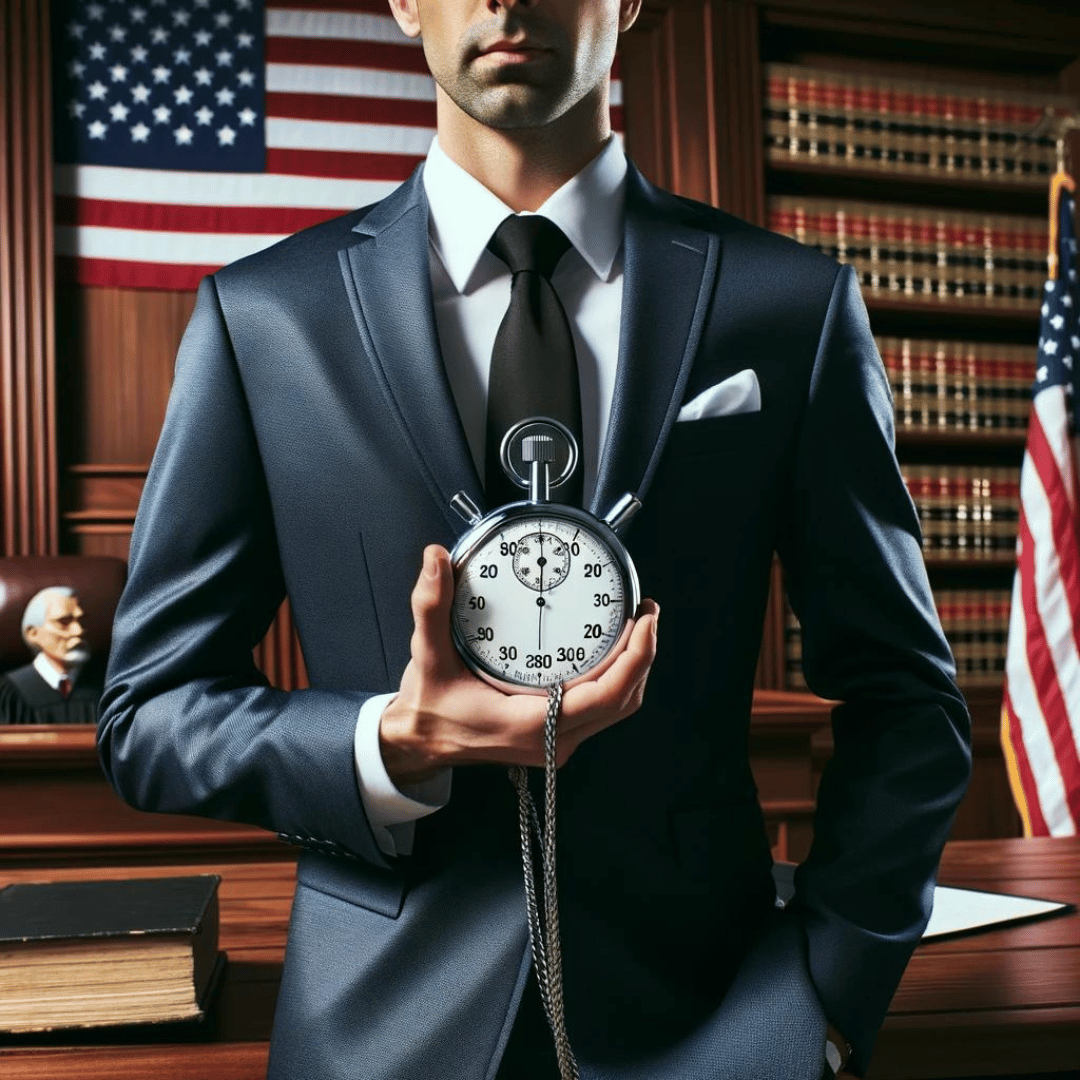 A professional lawyer in a formal suit stands in a courtroom, confidently holding a large stopwatch in one hand, indicating a timely settlement after a car accident.