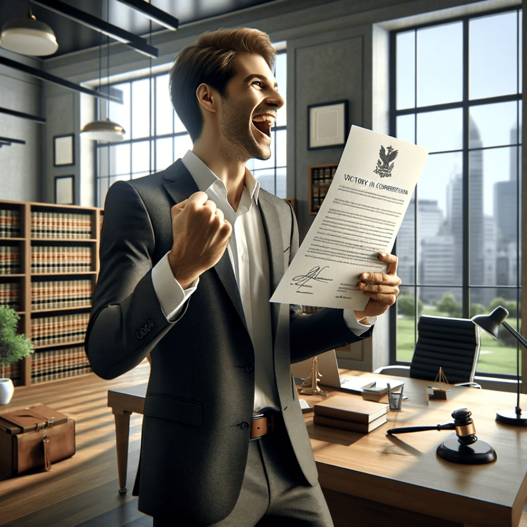 An individual joyfully holding a compensation check or a document signifying a successful claim. This could be set in a home environment or a legal office, symbolizing the relief and closure of securing what one is owed after a car accident.