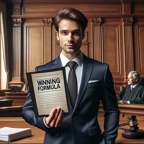 image of a confident lawyer in a courtroom holding up a document with the title 'Winning Formula'. The lawyer is professional