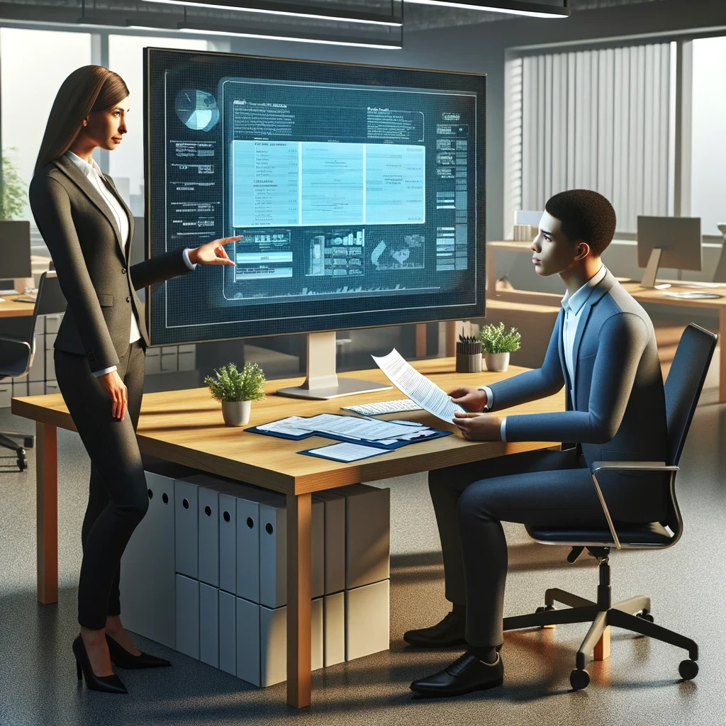 A hyper-realistic office scene with a futuristic computer screen displaying data and analytics. The screen is part of a modern display.