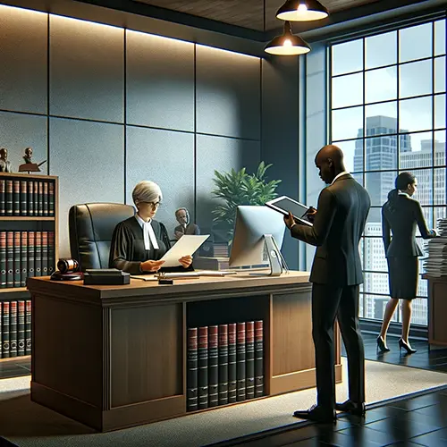 A law office scene depicting the process of filing a motion to dismiss less than all parties. A law office scene depicting the process of filing a motion to dismiss less than all parties.