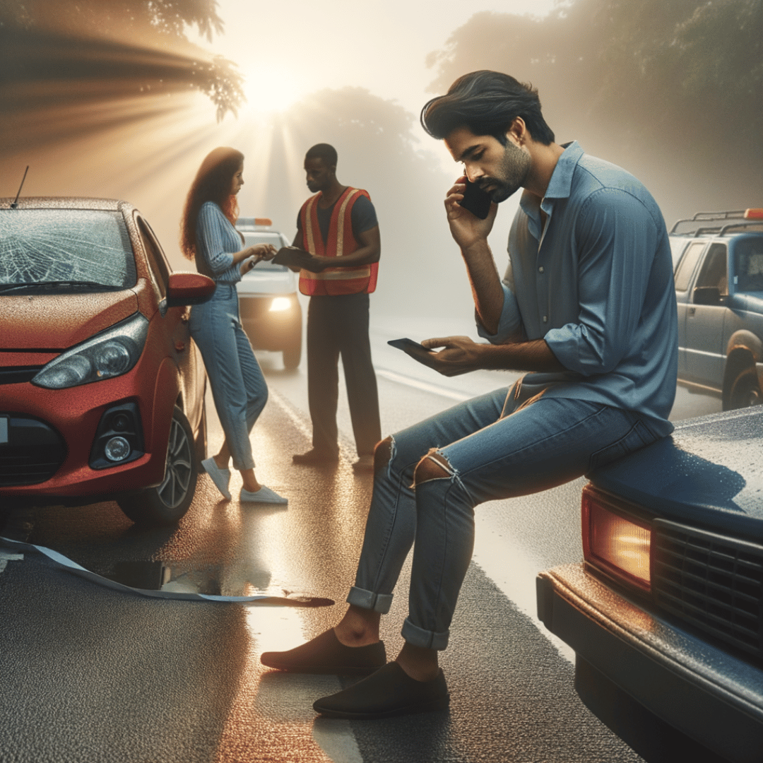 A man sitting on the edge of his car on the phone with his insurance company at the scene of an accident. In the background is the at-fault driver talking to an officer about the accident next to her broken down vehicle 