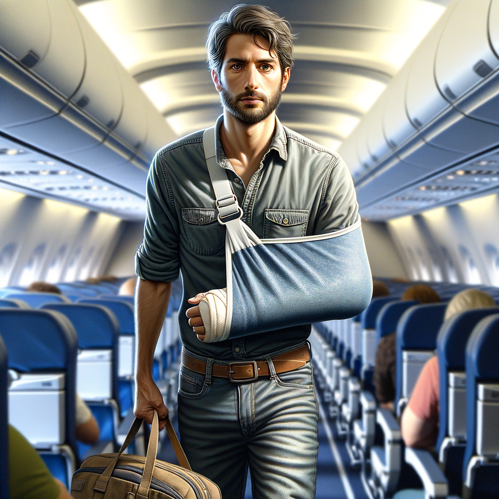 A man walks down the center isle of an airplane with luggage in one hand and his opposite arm in a cast & sling, clearly traveling after a car accident.
