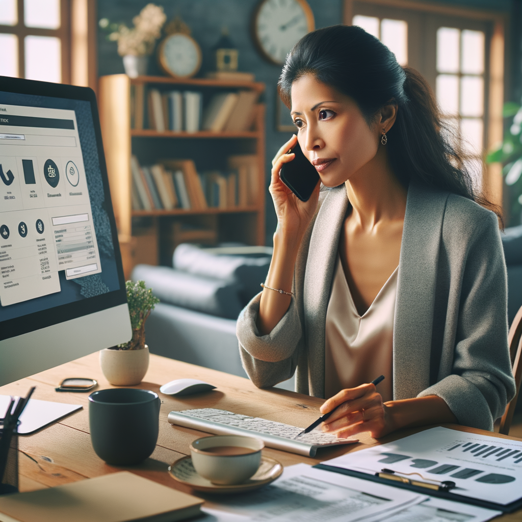 A woman reviewing paperwork in front of her computer while on the phone with her bank.