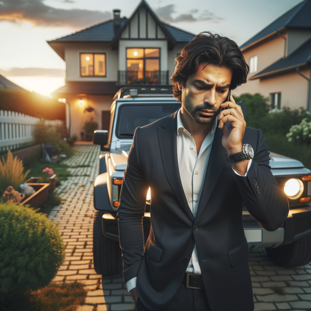 A Man on the phone with an attorney standing in front of his vehicle in his driveway.