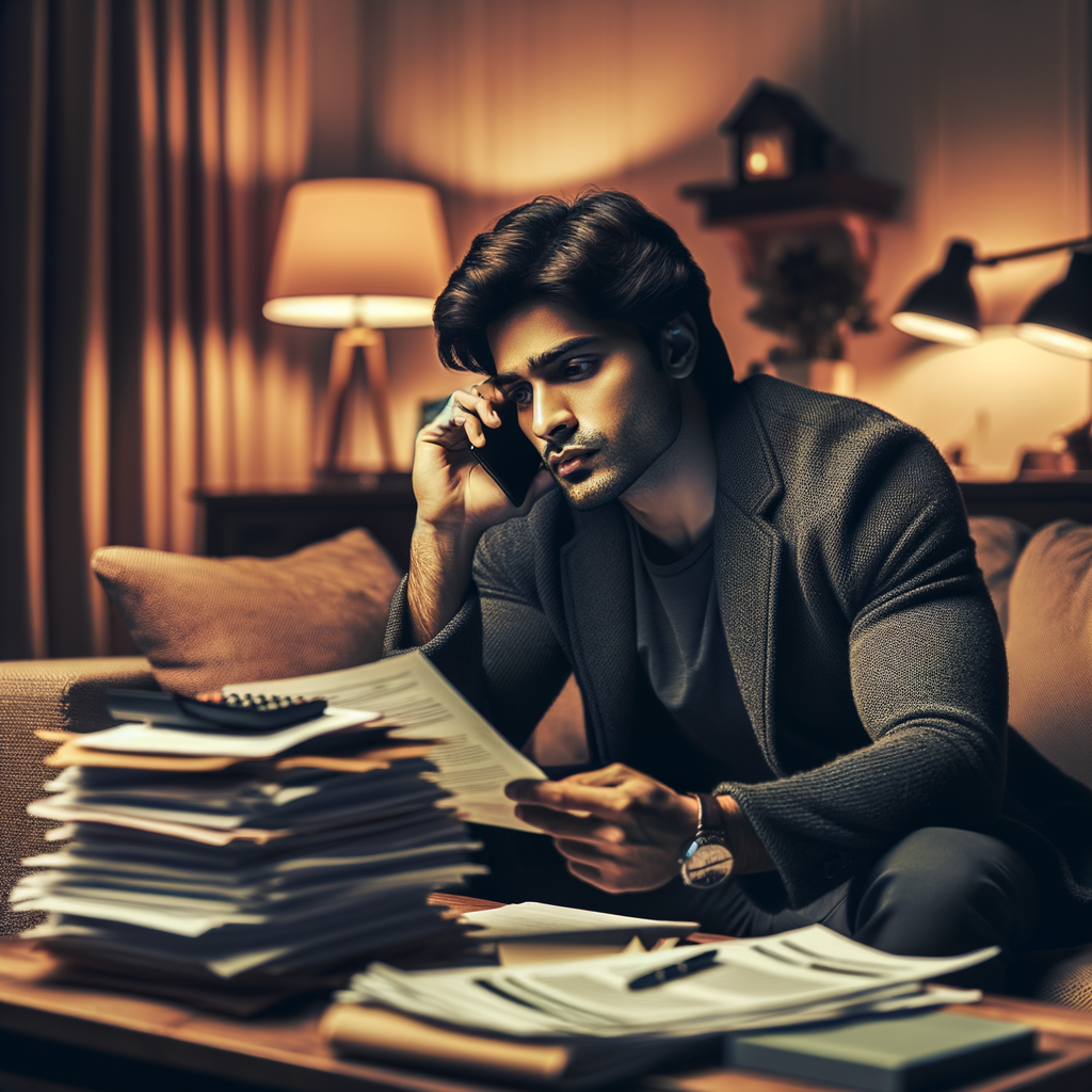 A picture of a man on the phone reviewing documents while seated on his couch, wearing a suit.