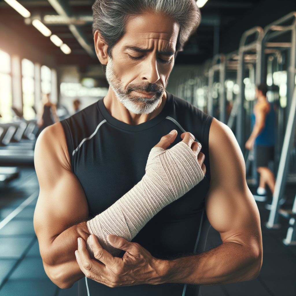 A man standing in a gym holding his bandaged arm after being in a car accident.