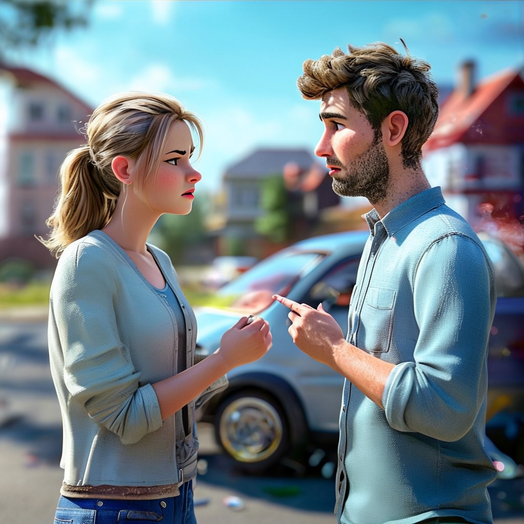 A man and a woman standing in front of a car accident in a neighborhood disagreeing about who caused the accident.