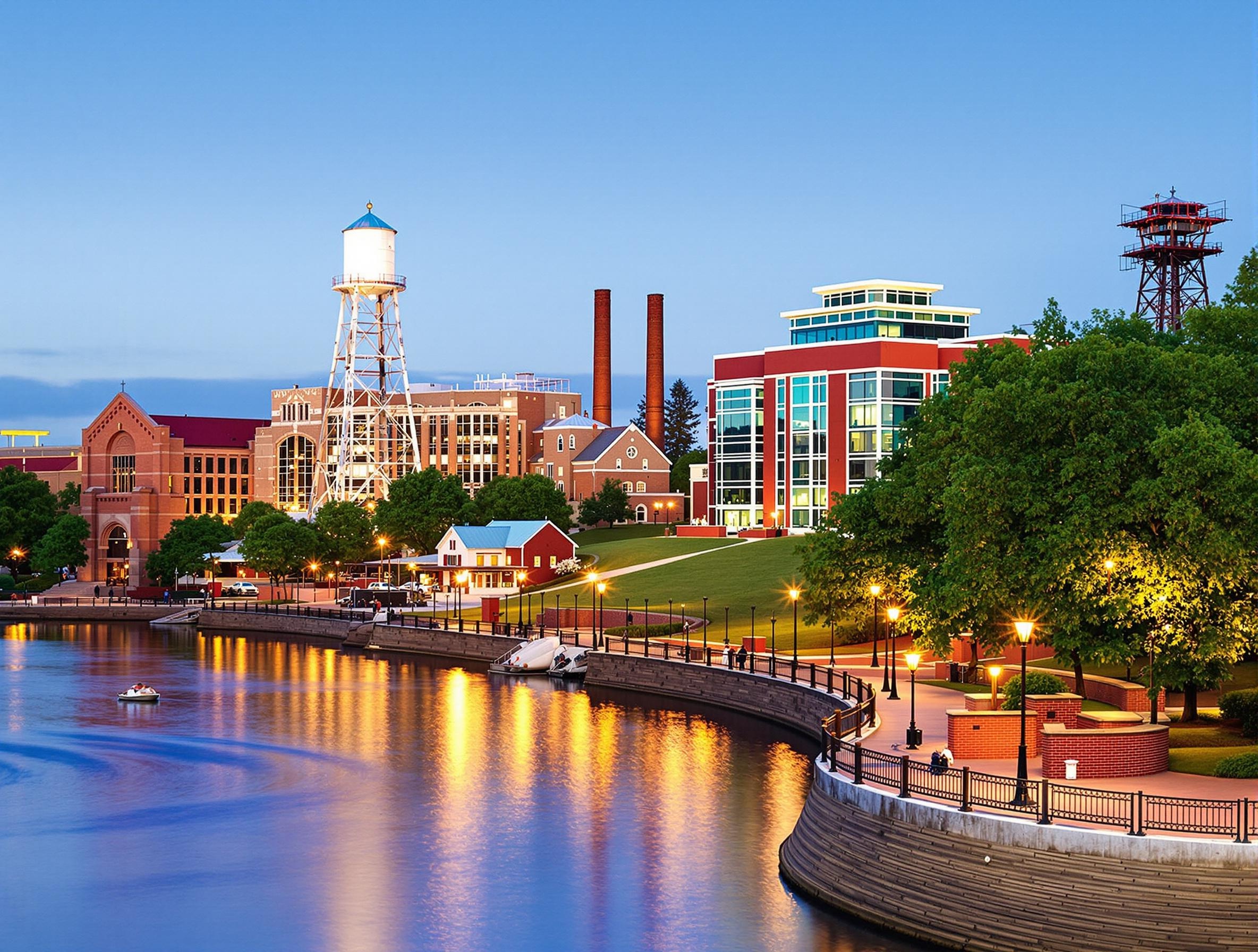 The picture contains a body of water flowing alongside the city of Columbus Georgia at sunset.