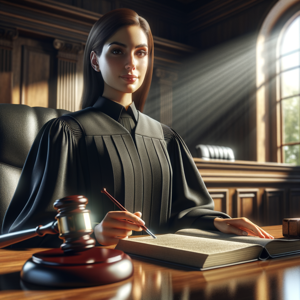 A female judge sits at her bench overlooking the courtroom.