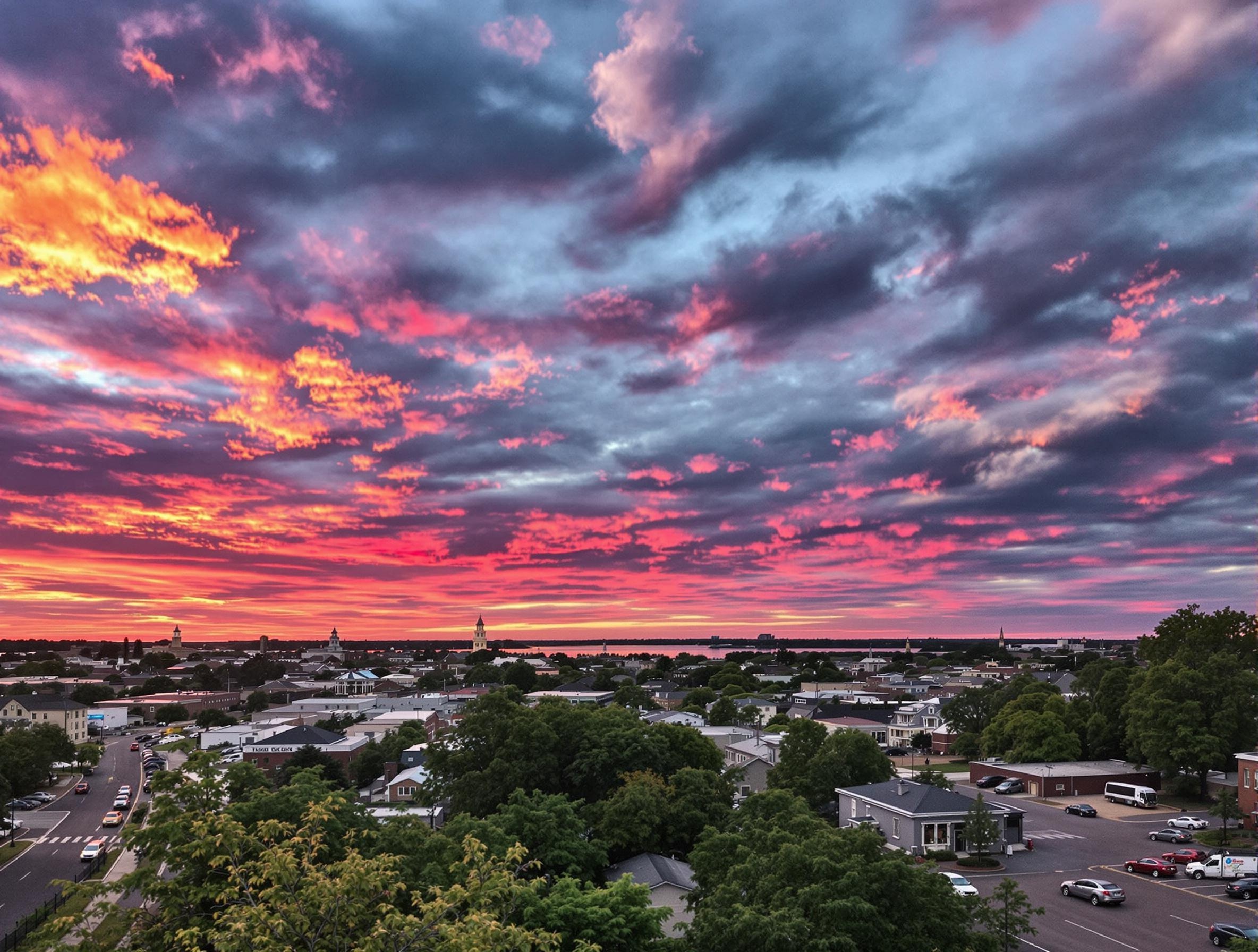 A cityscape view of Savannah Georgia at sunset.