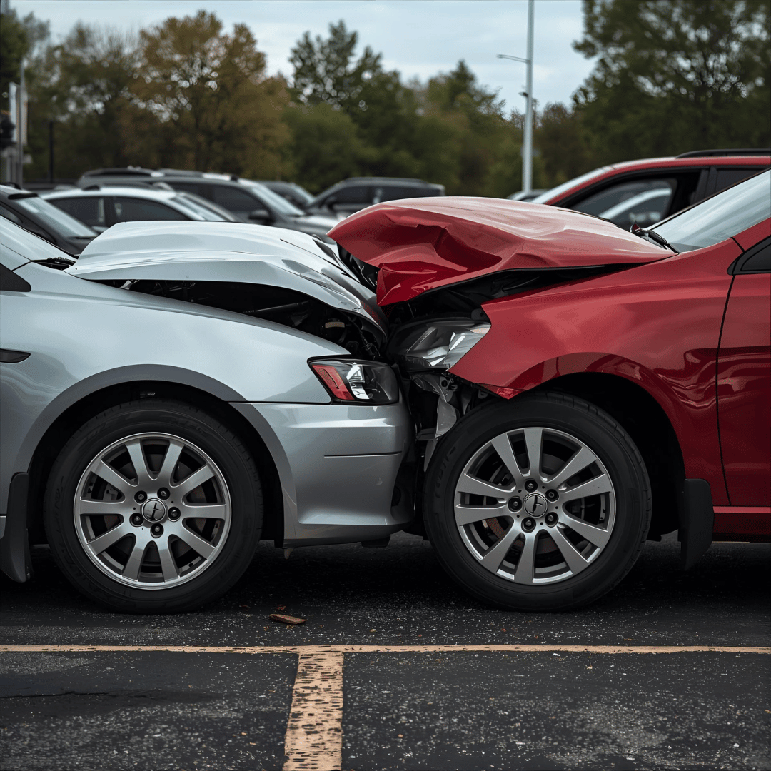 Two cars in a front end collision in the middle of a parking lot on private property surrounded by parked cars.