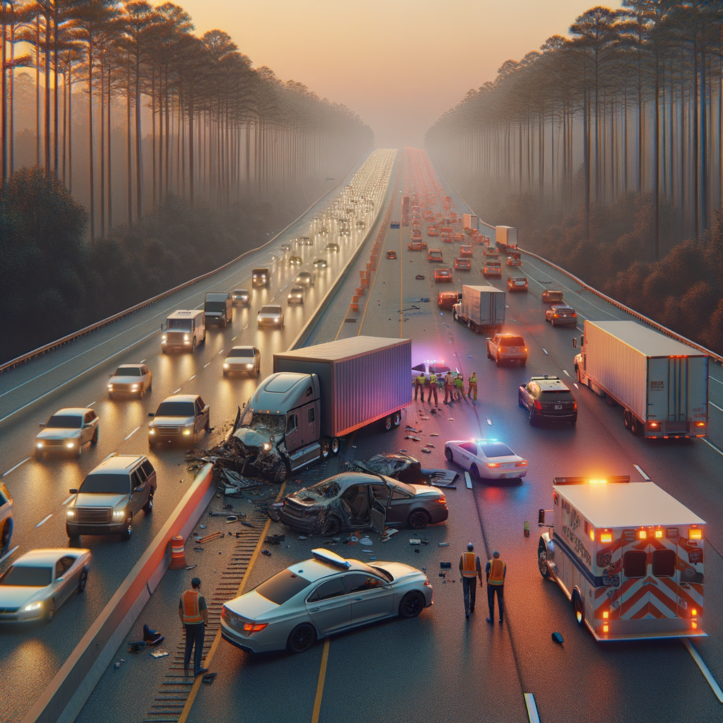 A semi has veered out of it's lane on the expressway and is surrounded by vehicles, a cop car, and an ambulance, as workers attempt to clear the accident and traffic jam.