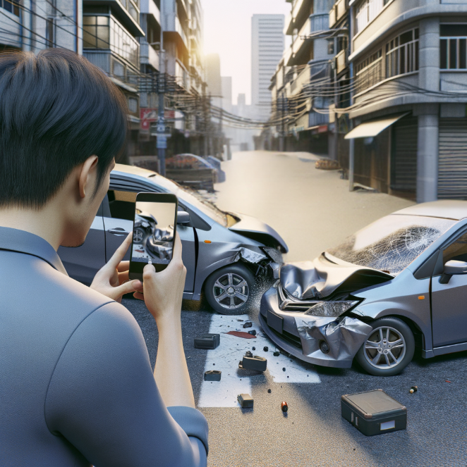 A man stands in the middle of a street using his phone to take pictures of a front end collision.