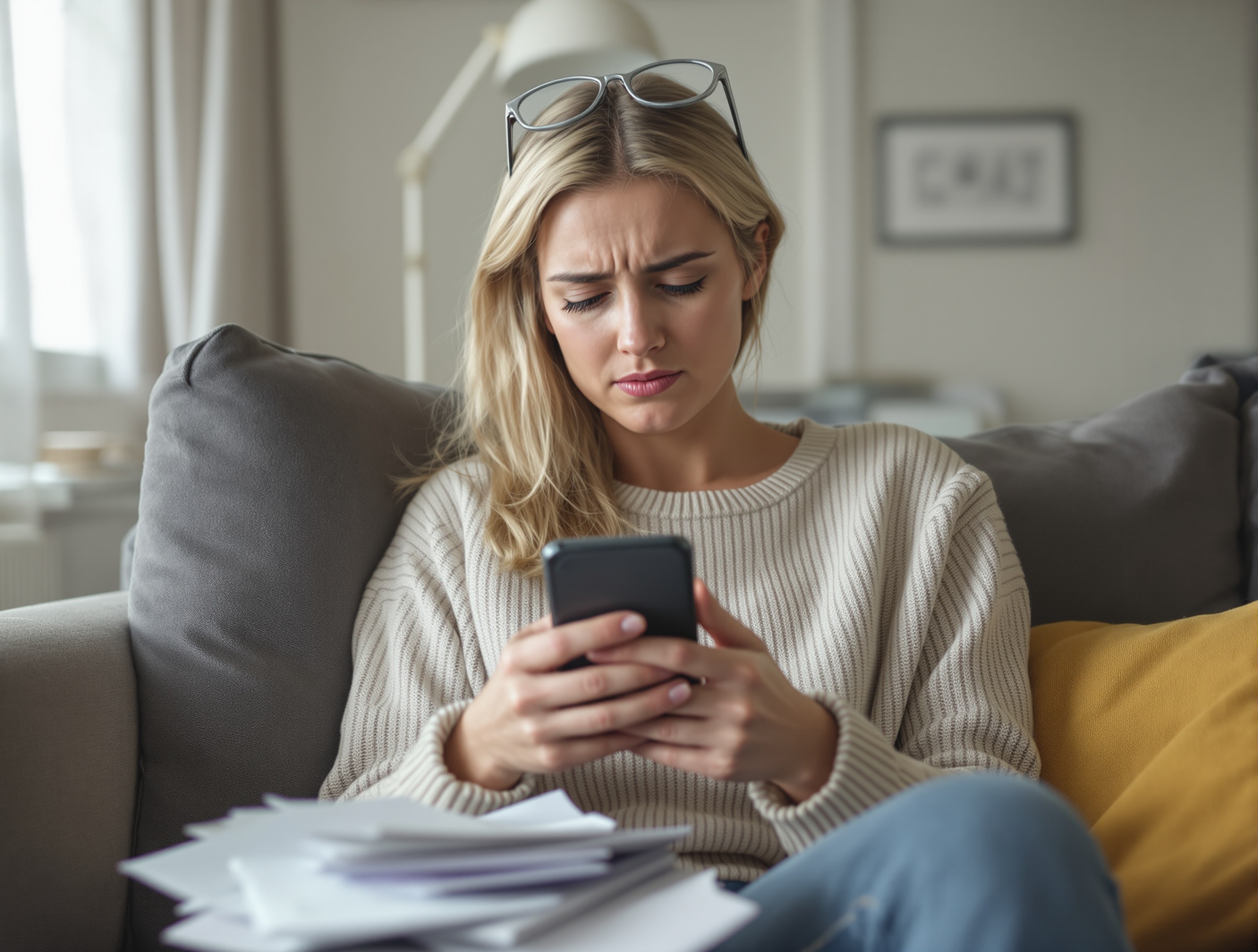 A woman sits on her couch with several medical bills after a car accident, looking at her phone trying to figure out her insurance options.