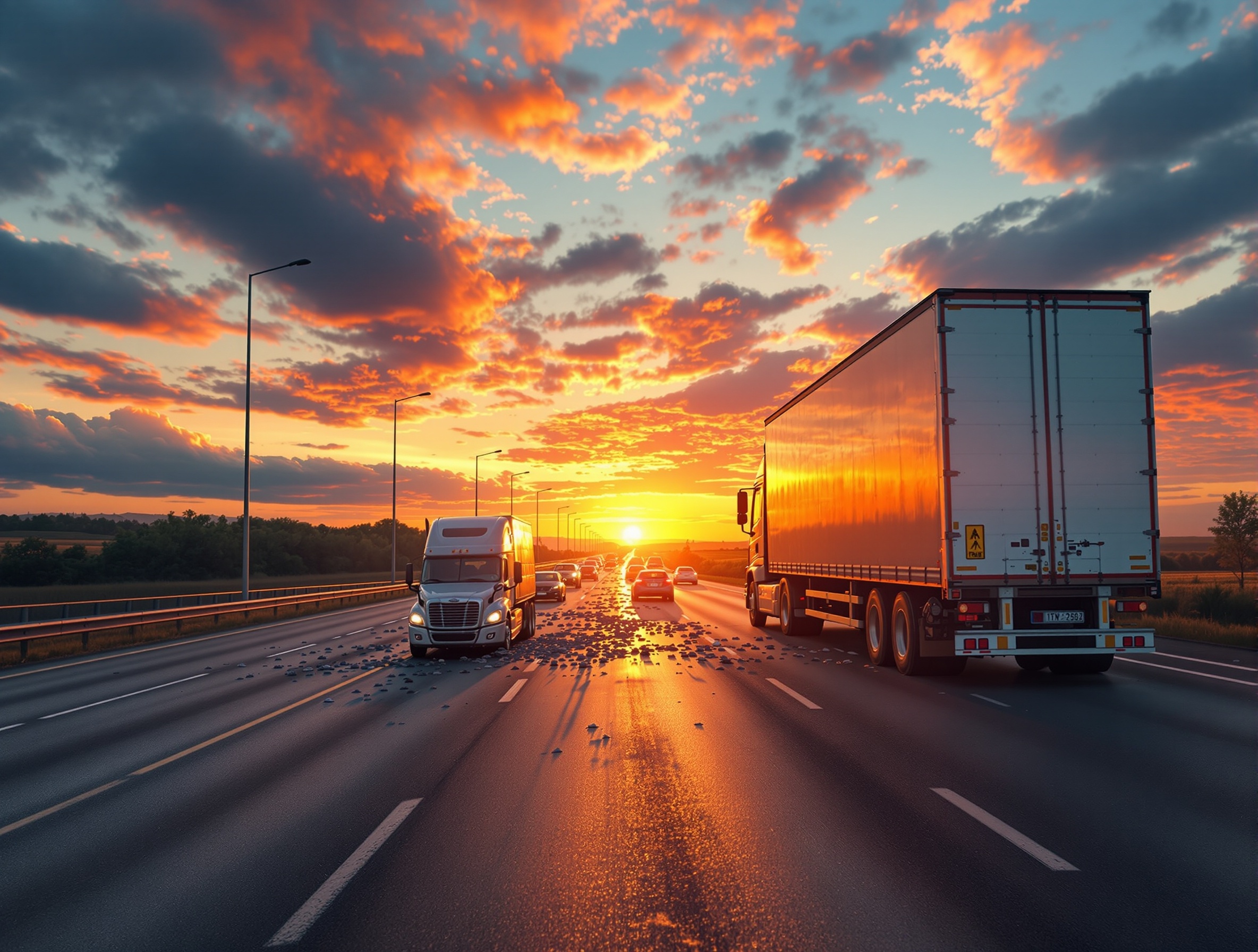 A semi truck has pulled over to the side of the road to avoid oncoming traffic with debris scattered across several lanes of traffic after a car accident in Georgia.